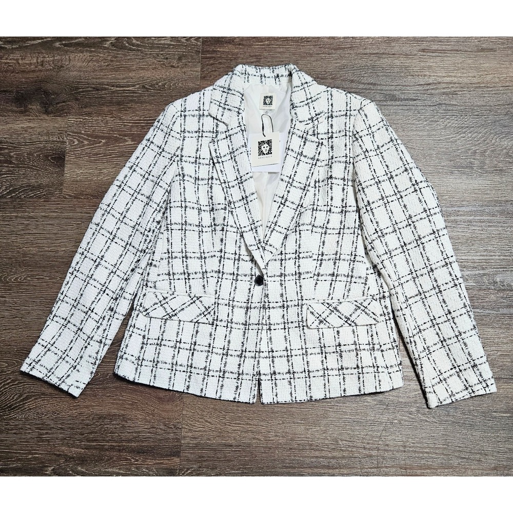 Anne Klein Blazer Women's Medium Black White Plaid One Button Tweed Jacket